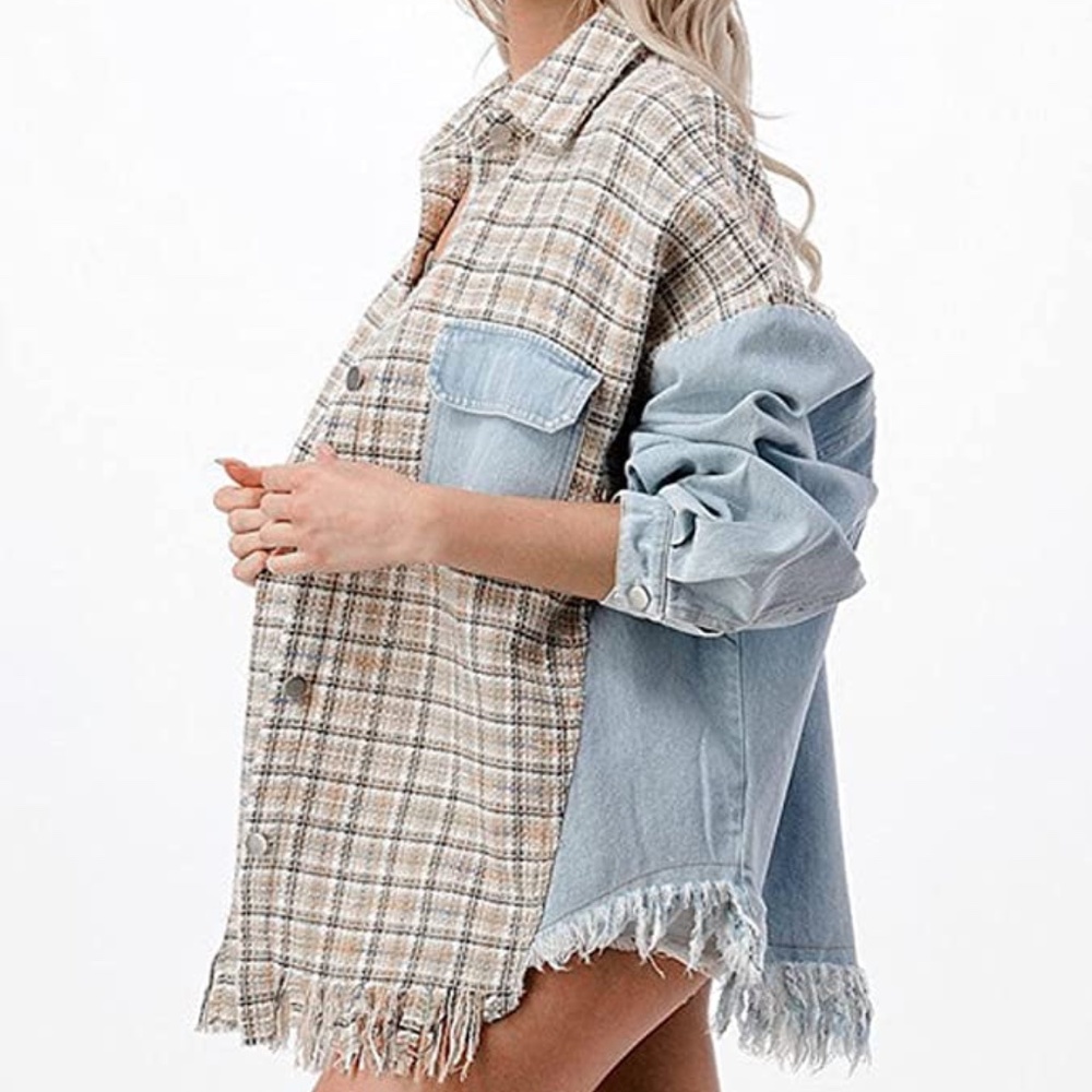 Womens Multimedia Denim Tweed Fringed Jacket sz sm